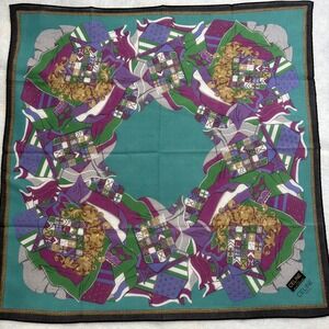 CELINE Paris Scarf Heraldic Crest Coat of Arms Cotton Teal Fashion Accessory 19"
